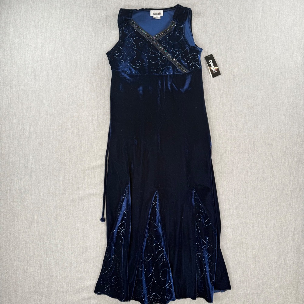 Vintage Byer Girl Navy Blue Velvet Beaded Sequin‎ Formal Gown Dress Kids Size 16